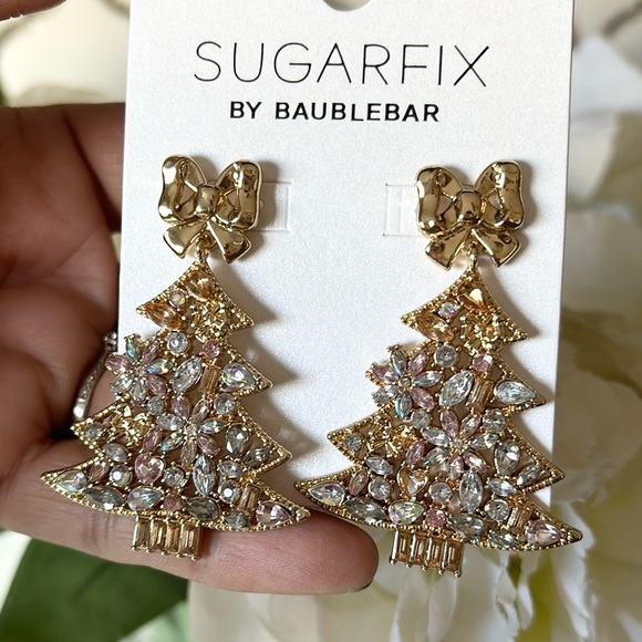 ♥️… Holiday Crystal Bow Christmas Tree Drop Earrings Metallic Gold - Picture 2 of 7